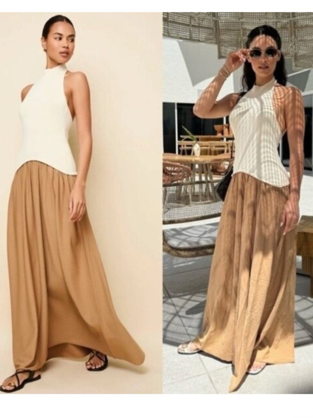 SOLID & STRIPED Soglio Halter Dress in Ecru & Camel drop waist Small